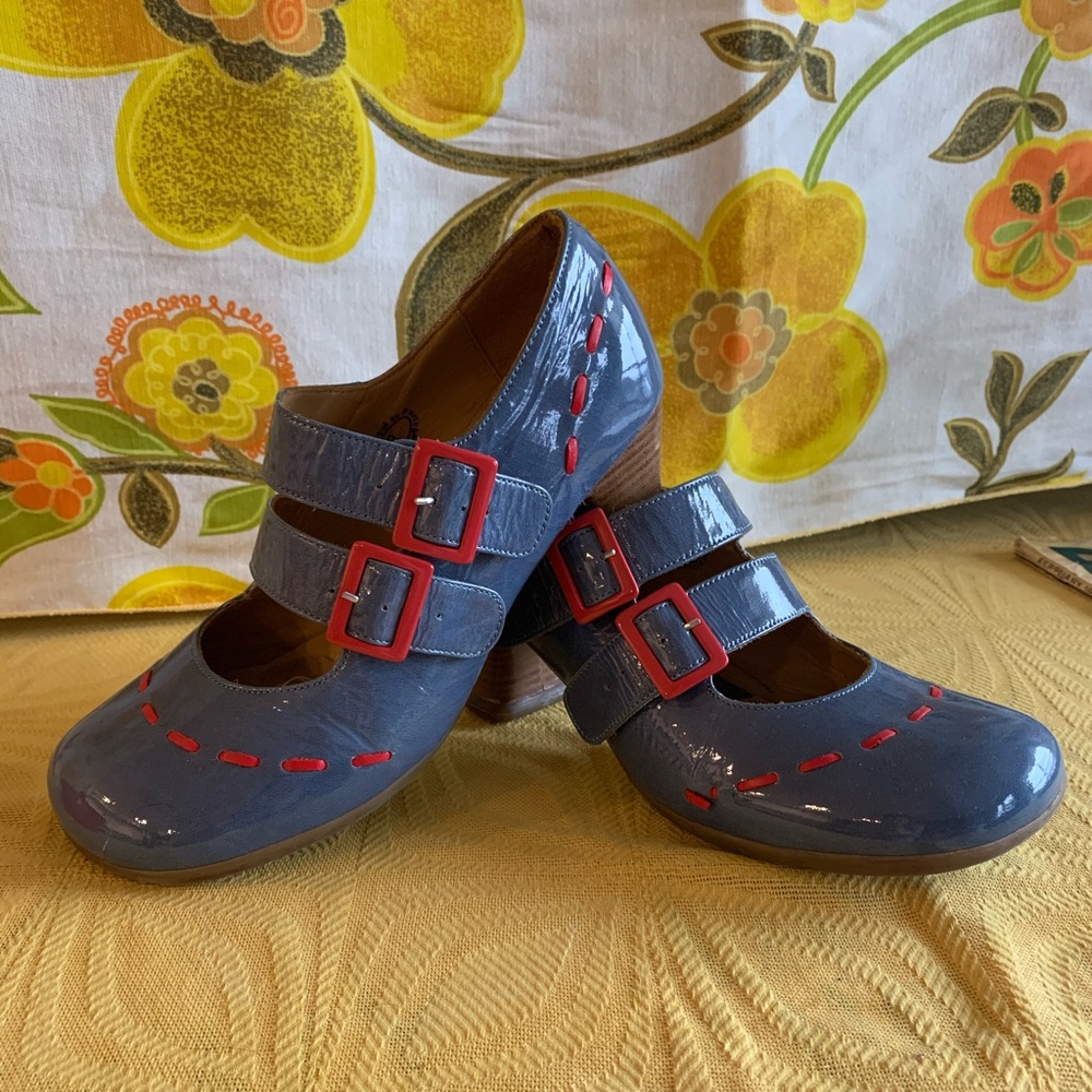 John Fluevog Gray Heels with Red Buckles